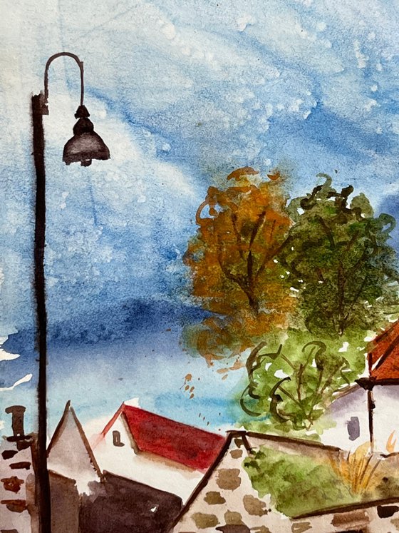 Hungary Painting Landscape Original Art Village Watercolor Houses Artwork Roof Wall Art 8 by 12" by Halyna Kirichenko