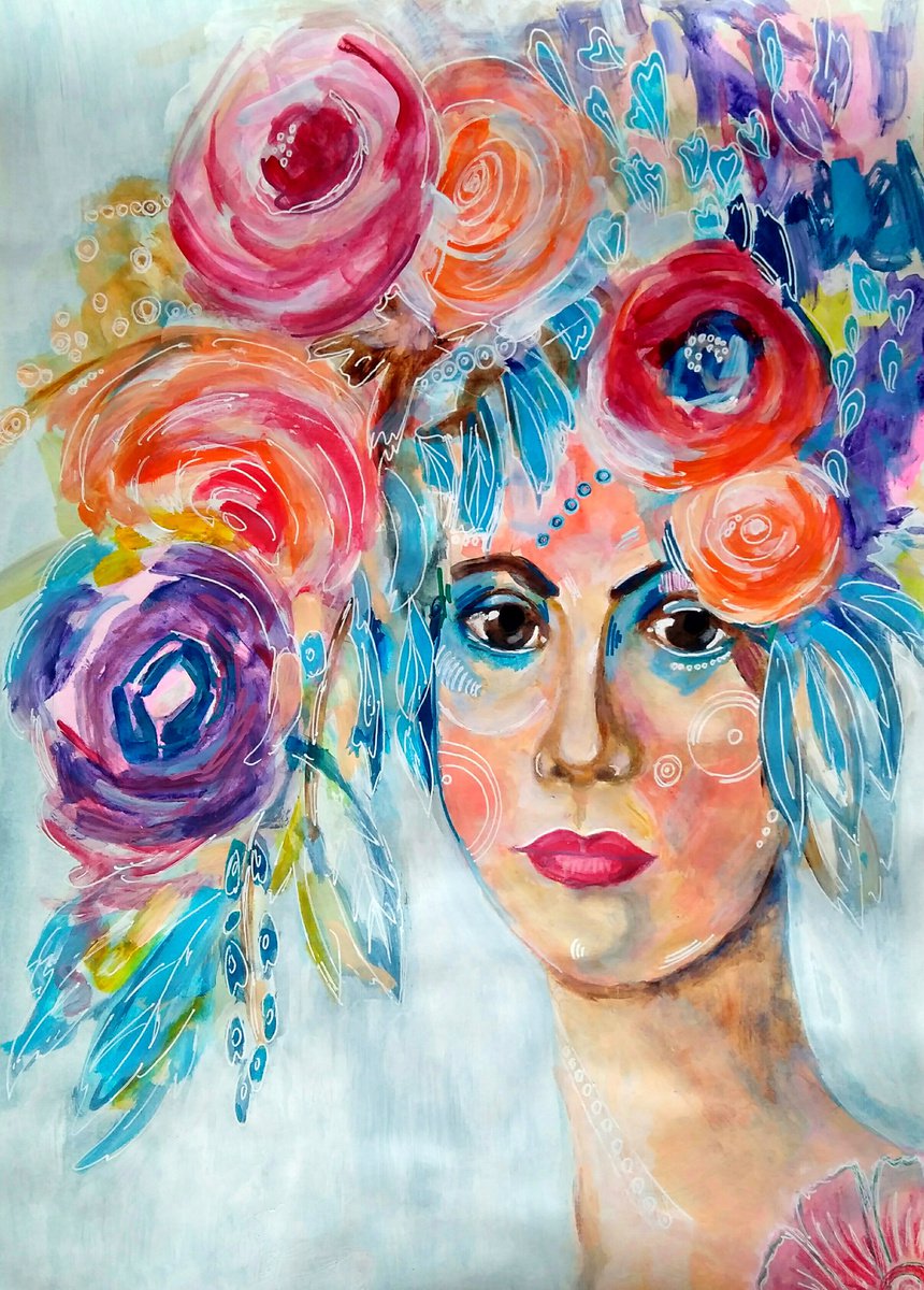 Flower Portrait 3, Floral Woman Portrait Floral Head Bouquet Painting Modern Wall Art by Yulia Berseneva