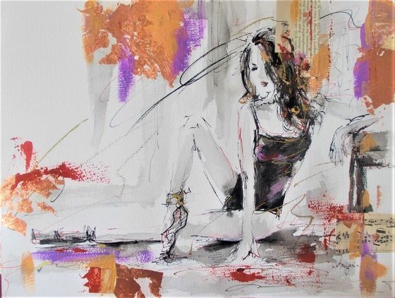 Ballerina Series Ink  Drawing-Mixed Media Drawing