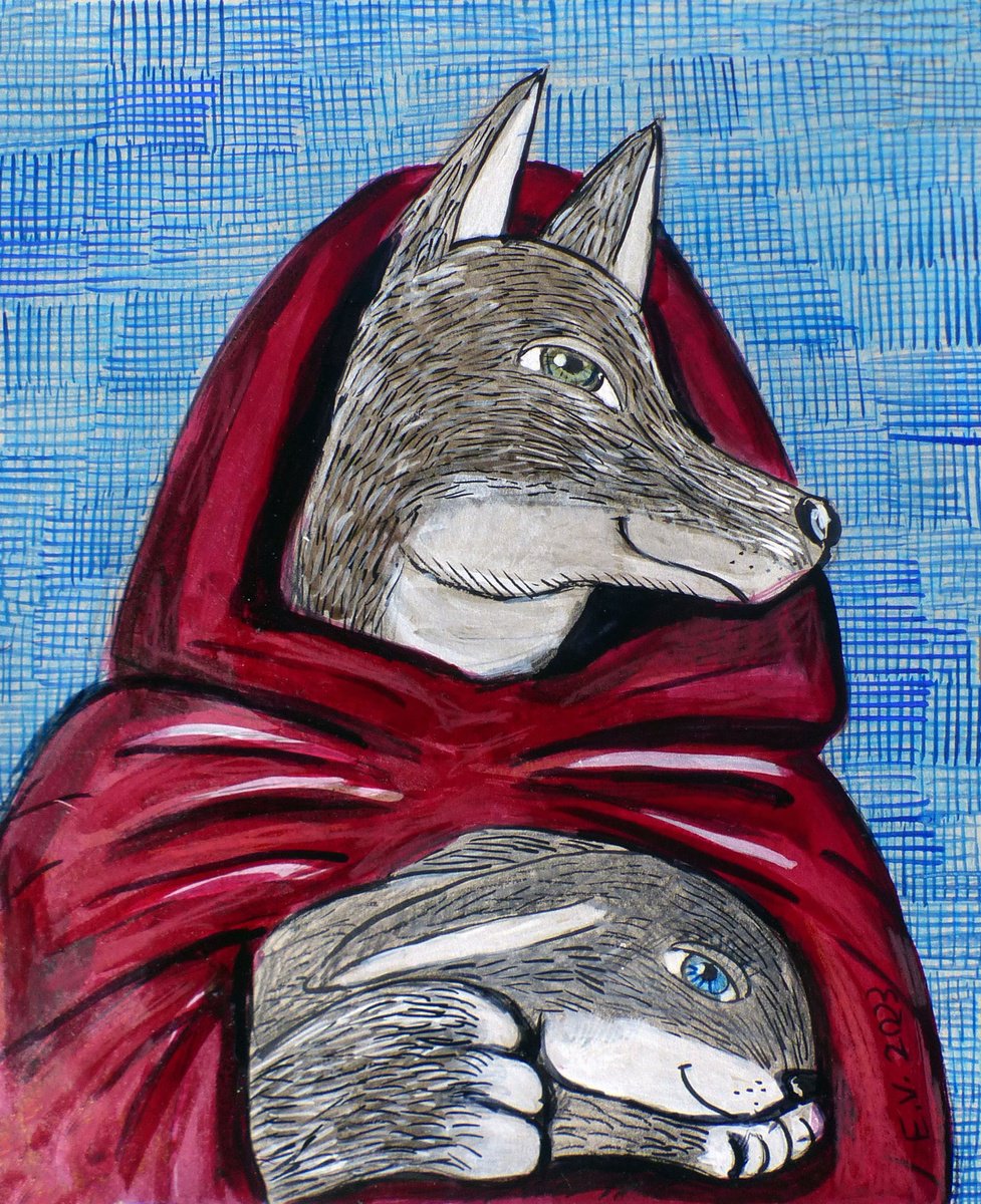 Surrealistic Animal Painting By Elizabeth Vlasova, 11 X 14, ?wo Friends#3, Original Artwork