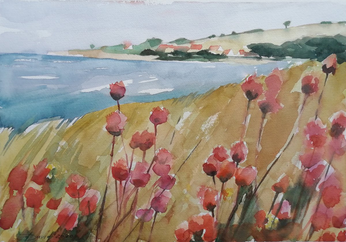 Photorealistic Landscape Watercolour By Olga David, 14 X 10", Field Flowers, Island Ruegen, Original Artwork