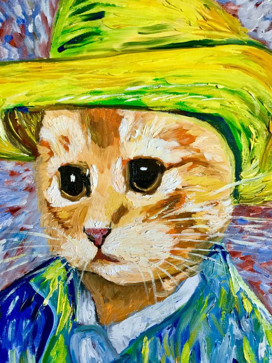 Pensive Cat  La Van Gogh. Version of famous self portrait of Vincent Van Gogh in straw hat