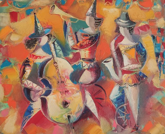 Jazz trio (60x50cm, oil/canvas, abstract art, ready to hang)