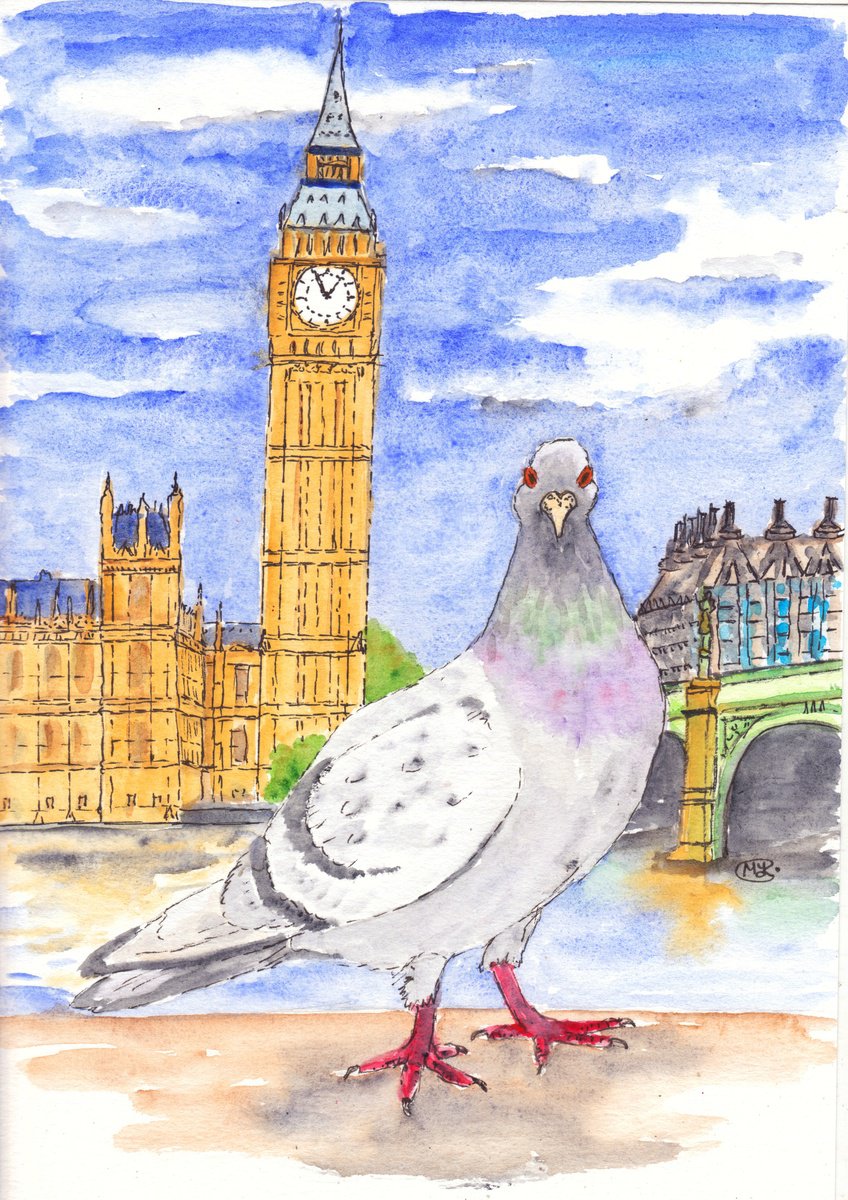 Expressive Cityscapes Painting By Marjansart, 8 X 12", Pigeon Visiting London, Original Artwork