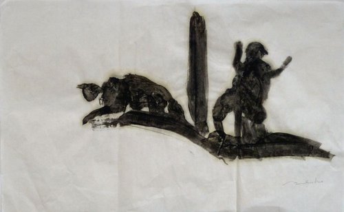 Two cats 2, ink painting on chinese paper, 33x53 cm by Frederic Belaubre