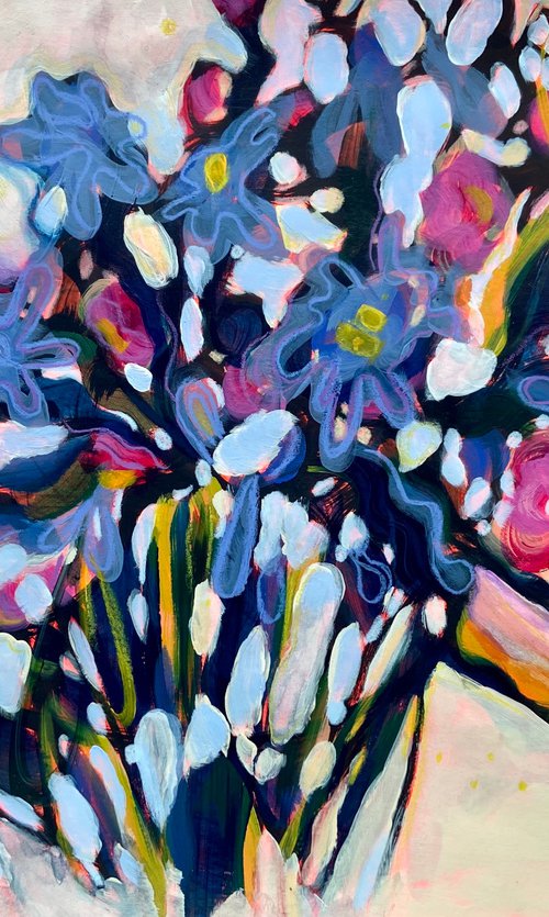 FULL OF JOY- mixed media A3 abstract flowers painting on paper by Yulia Ani