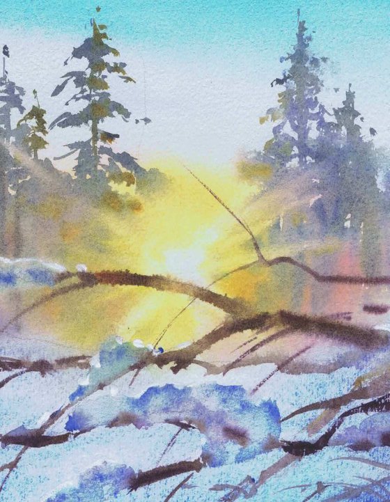 Winterscape with a branch at sunset. Watercolour landscape by Marina Trushnikova. A3 watercolor, winter sunny day.