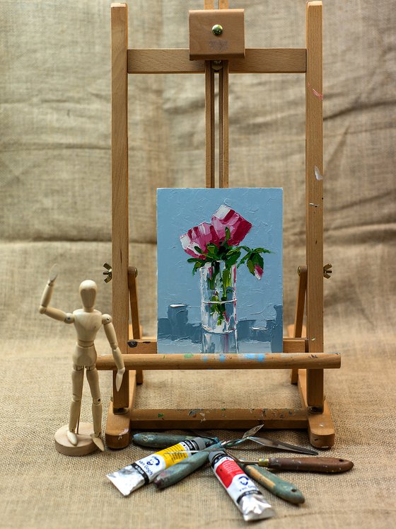 Flowers in glass. Still life oil painting. Flowers for her