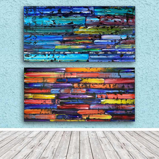 "Getting Our Sh*t Together (for real)" - Original PMS Large Oil Painting and Assemblage Diptych on Large Wooden Panels - 48 x 48 inches