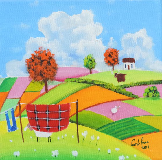 Sheep and a washing line patchwork fields 8" x 8"