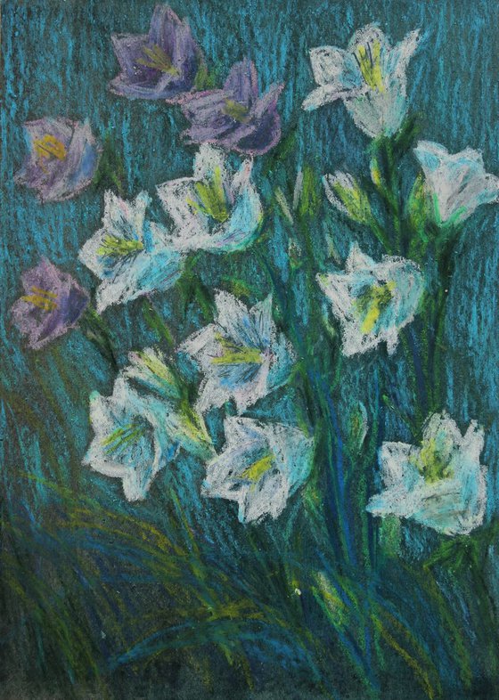 Bellflowers, 2018, oil pastel on paper, 29,5 x 21 cm