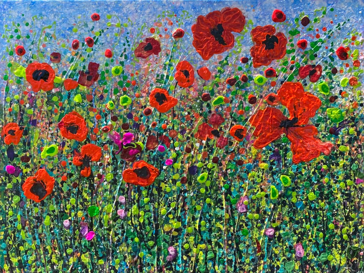 Meadow-Poppies - Modern Abstract Splattered, Textured - Original painting 24 X 18 X 0.5 by OLena Art - Lena Owens