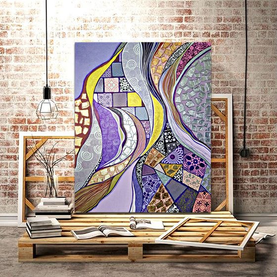 Colorful large abstract painting. Purple lilac silver gold Oriental wall art