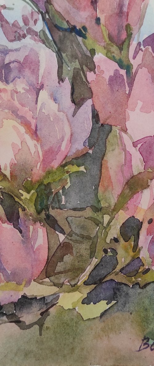 Magnolia - original watercolor, bright color painting by Tetiana Borys