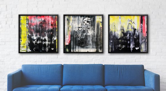 "You And What Army?" - Save As A Series - Original PMS Large Abstract Triptych Acrylic Paintings On Plexiglass, Framed - 78" x 26"