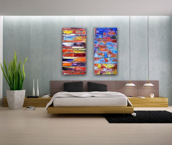 "Fire And Ice" - Save As Series - Original Extra Large PMS Abstract Diptych Oil Paintings On Canvas - 48" x 48"