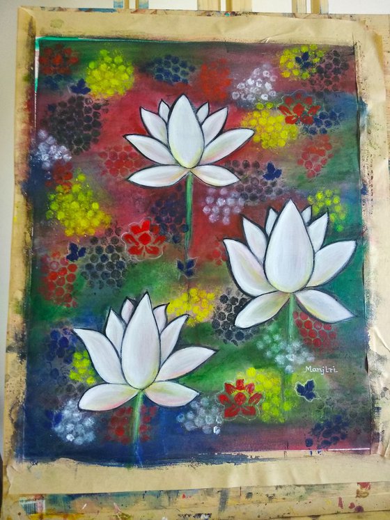 Lotus Trio a vibrant abstract  painting