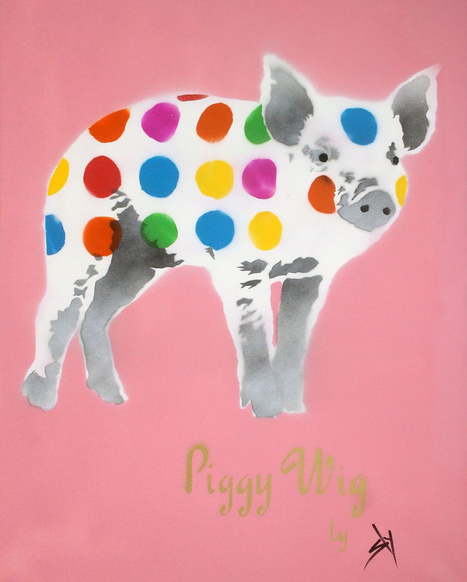 Urban And Pop Animal Painting By Juan Sly, 23 X 30", Piggy Wig (Pbc)., Original Artwork