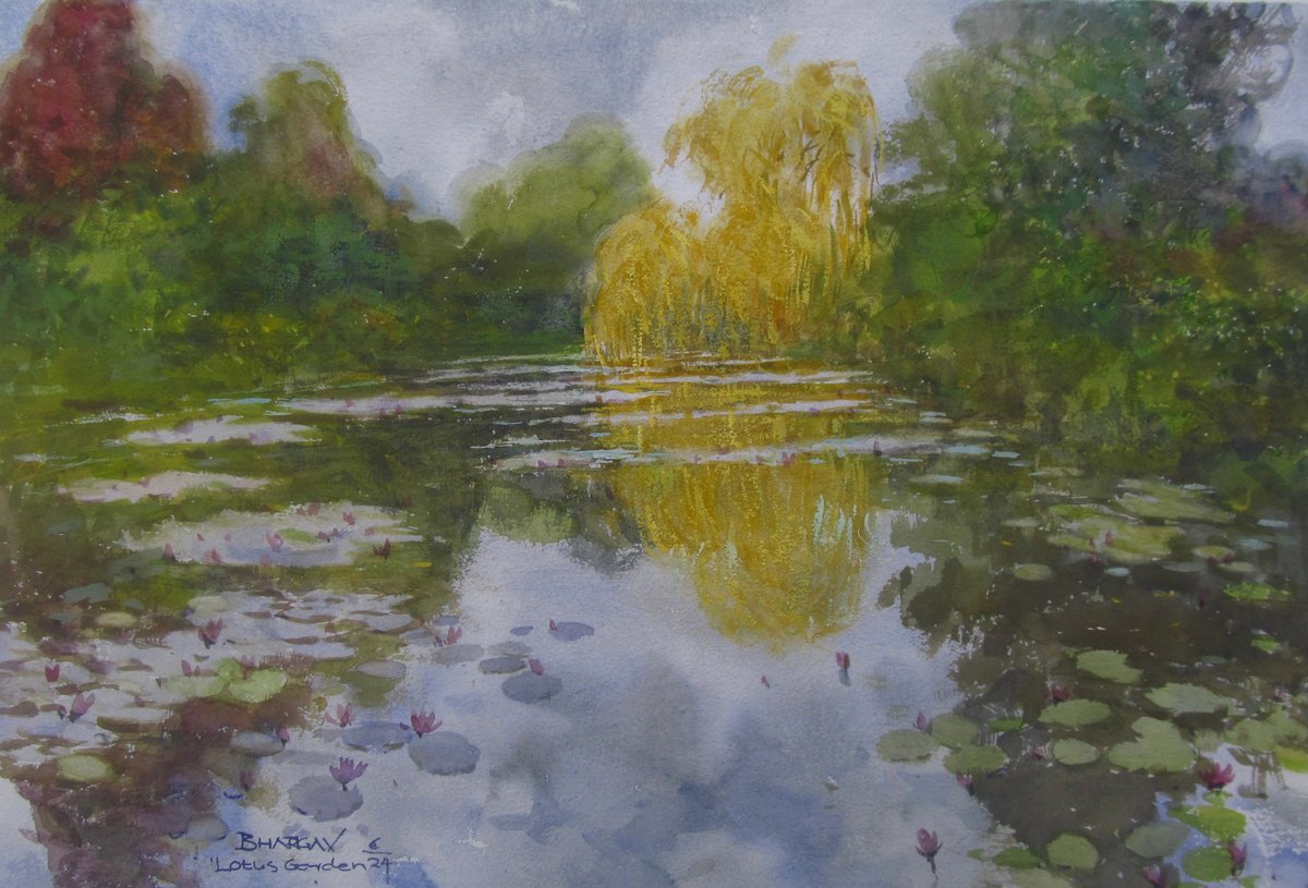 Impressionistic Landscape Watercolour By Bhargavkumar Kulkarni, 17 X 12, Lotus Garden 4, Original Artwork