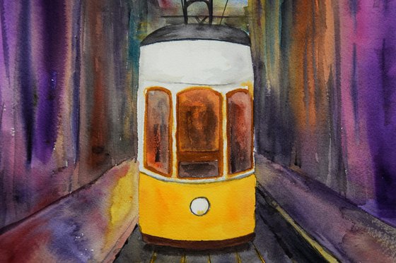 Lisbon tram painting, Lisboa watercolor art original, Portugal wall art