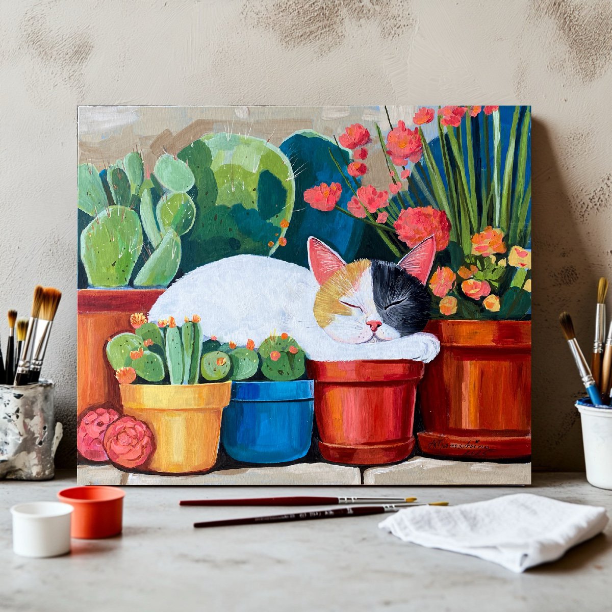 Impressionistic Animal Acrylic Painting By Anastasia Mamoshina, 22 X 18, Siesta Among Blossom, Original Artwork