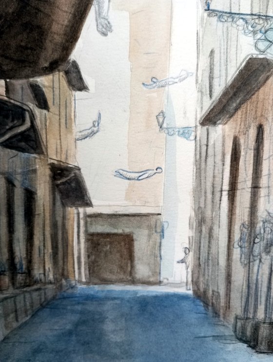 Alley with people flying