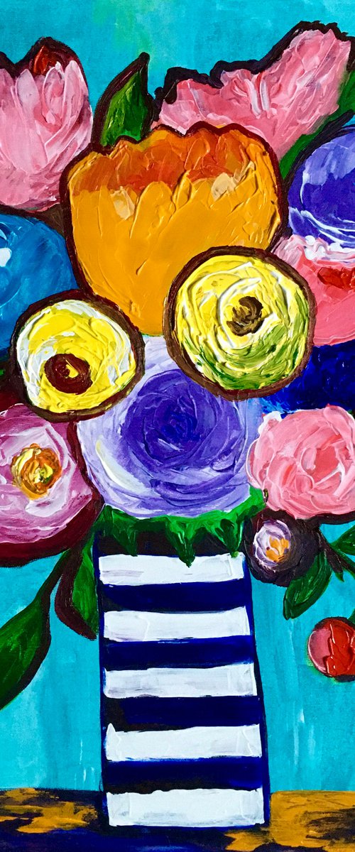 BOUQUET OF  abstract naive flowers, tulips, roses in a vase #15 palette  knife Original Acrylic painting office home decor gift by Olga Koval