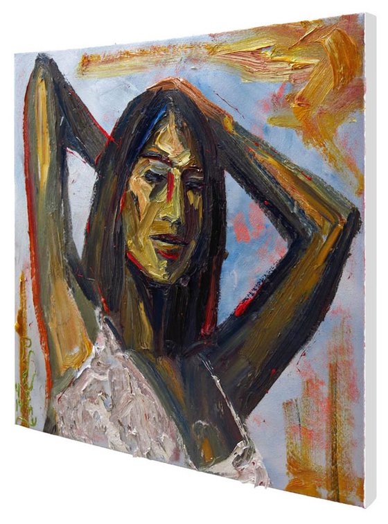 UNTITLED m849 - Original oil portrait painting female expressionism outsider art