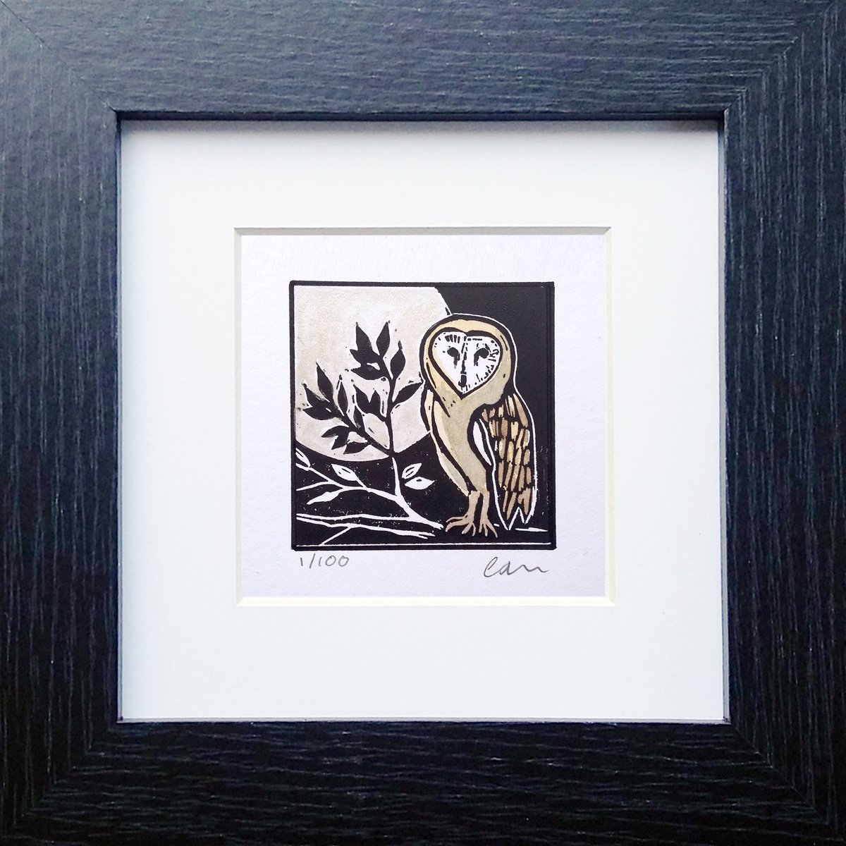 Moonlight barn owl - miniature hand painted linocut print - Framed and ready to hang by Carolynne Coulson