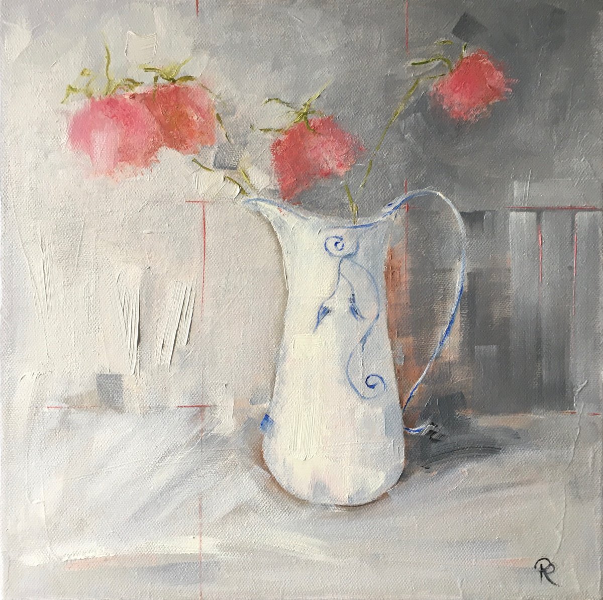 Impressionistic Still Life Oil Painting By Rebecca Pells, 12 X 12", Milk Jug With Roses, Original Artwork