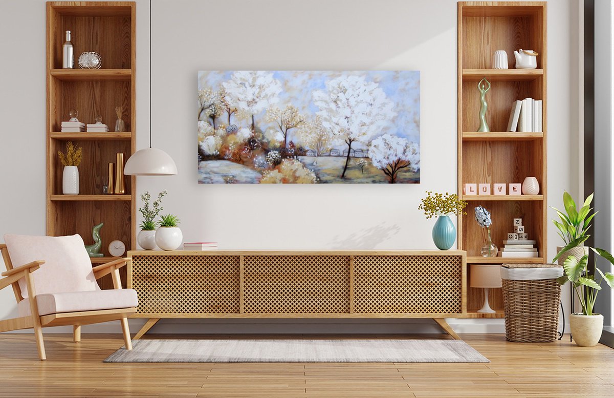 Impressionistic Landscape Acrylic Painting By Karen Rieger, 60 X 30", Soft Light, Original Artwork