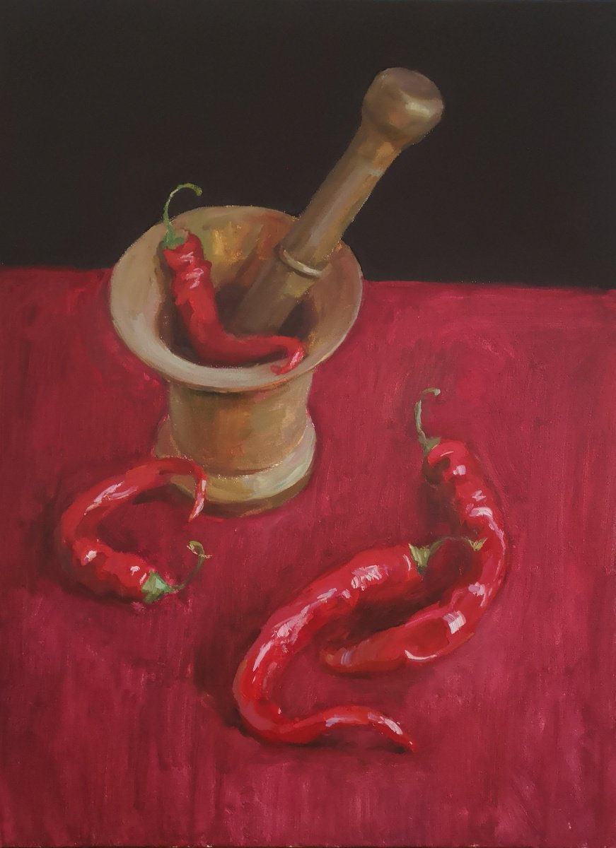 Expressive Still Life Oil Painting By Olga Samar, 18 X 24", Sweet Hot Chilli Peppers, Original Artwork