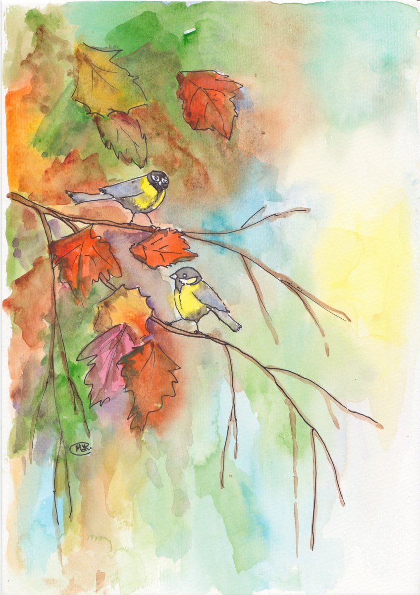 Expressive Animal Watercolour By Marjansart, 8 X 12", Two Birds In An Autumn Tree, Original Artwork