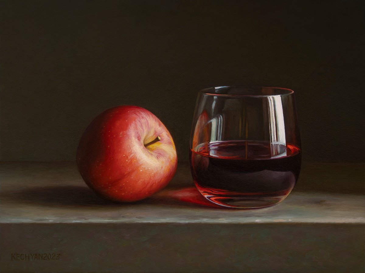 Photorealistic Still Life Oil Painting By Albert Kechyan, 13 X 9, Apple With A Glass, Original Artwork