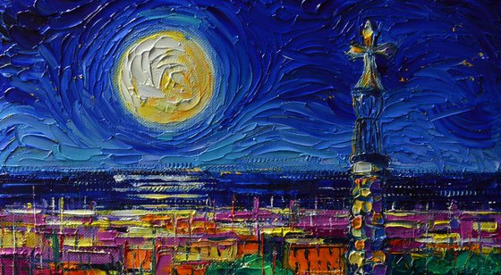 BARCELONA NIGHTSCAPE 24x30cm original impasto oil painting stylized cityscape Mona Edulesco
