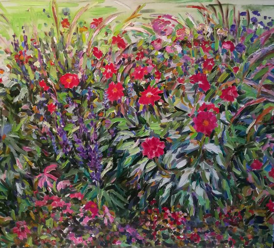 BLOOMING FLOWER BED - Luxembourg Gardens, Paris, France - floral art, original oil painting