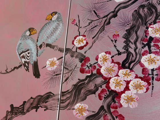 Japanese sakura J320 - large silver pink triptych, original art, japanese style paintings by artist Ksavera
