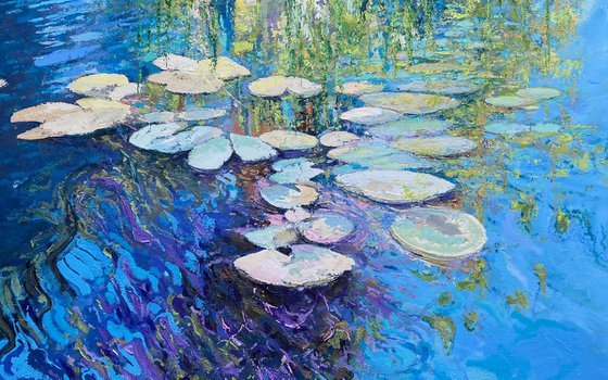 'Water Lilies' Large Impasto Lilly Pad Water Reflections Oil Painting