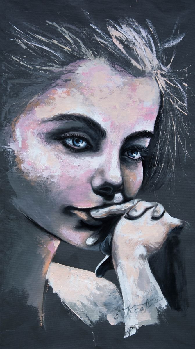 Lyrical girl, original acrylic painting on hand stretched fabric, 45x75x2cm, ready to ha... by Elena Kraft