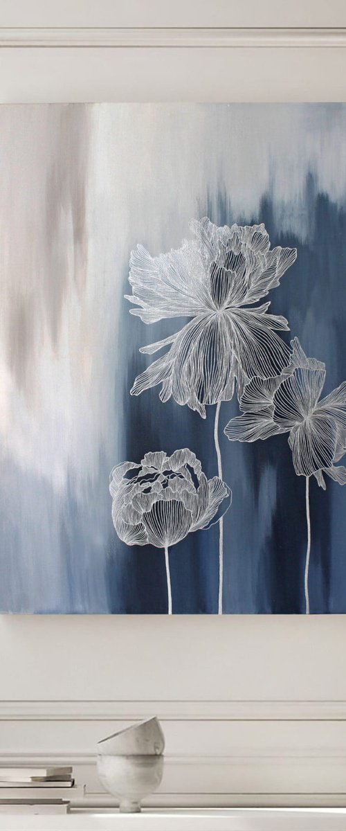 "Thinness 4" Abstract navy silver flowers art by Marine Boiko