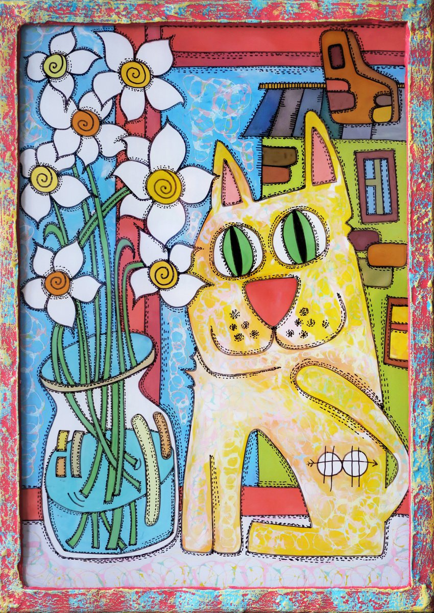 Cat and daffodils #3 by Nikita Ostapenco