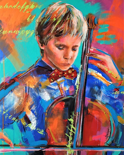 Future- Little Boy Playing Cello Painting on wood by Antigoni Tziora