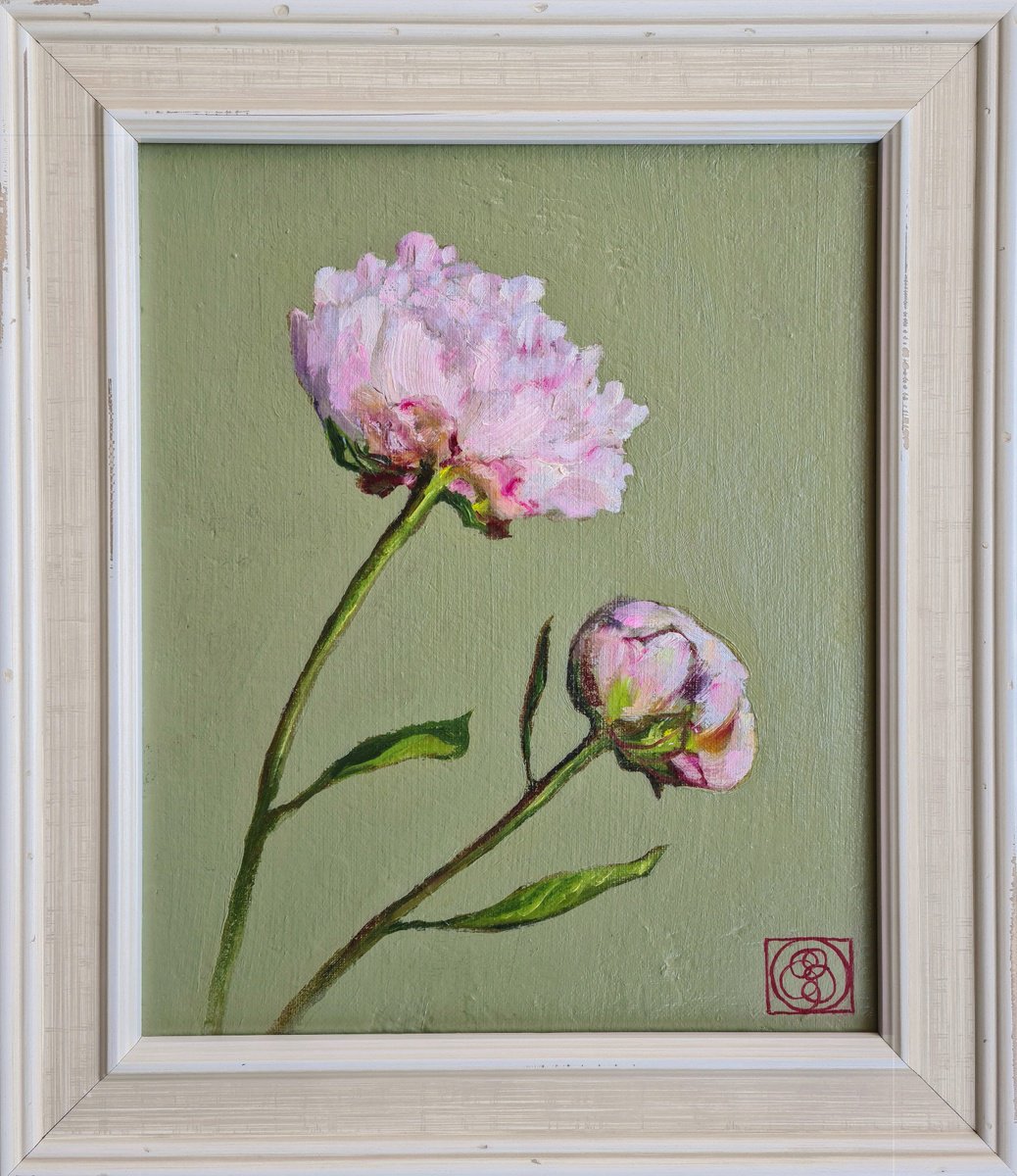 Photorealistic Botanical Oil Painting By Katia Bellini, 13 X 15", Peonies Study 2, Original Artwork
