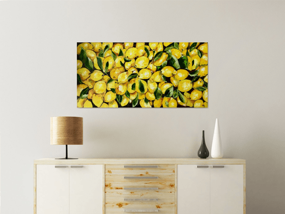 Lemons, oil painting, still life. Palette knife painting on canvas. Size 112x56 cm.