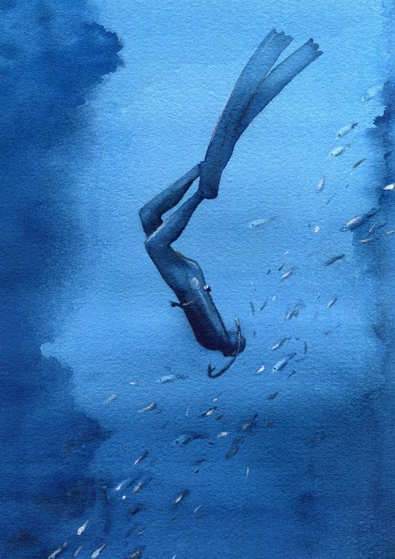 Diver deep underwater. Original artwork.