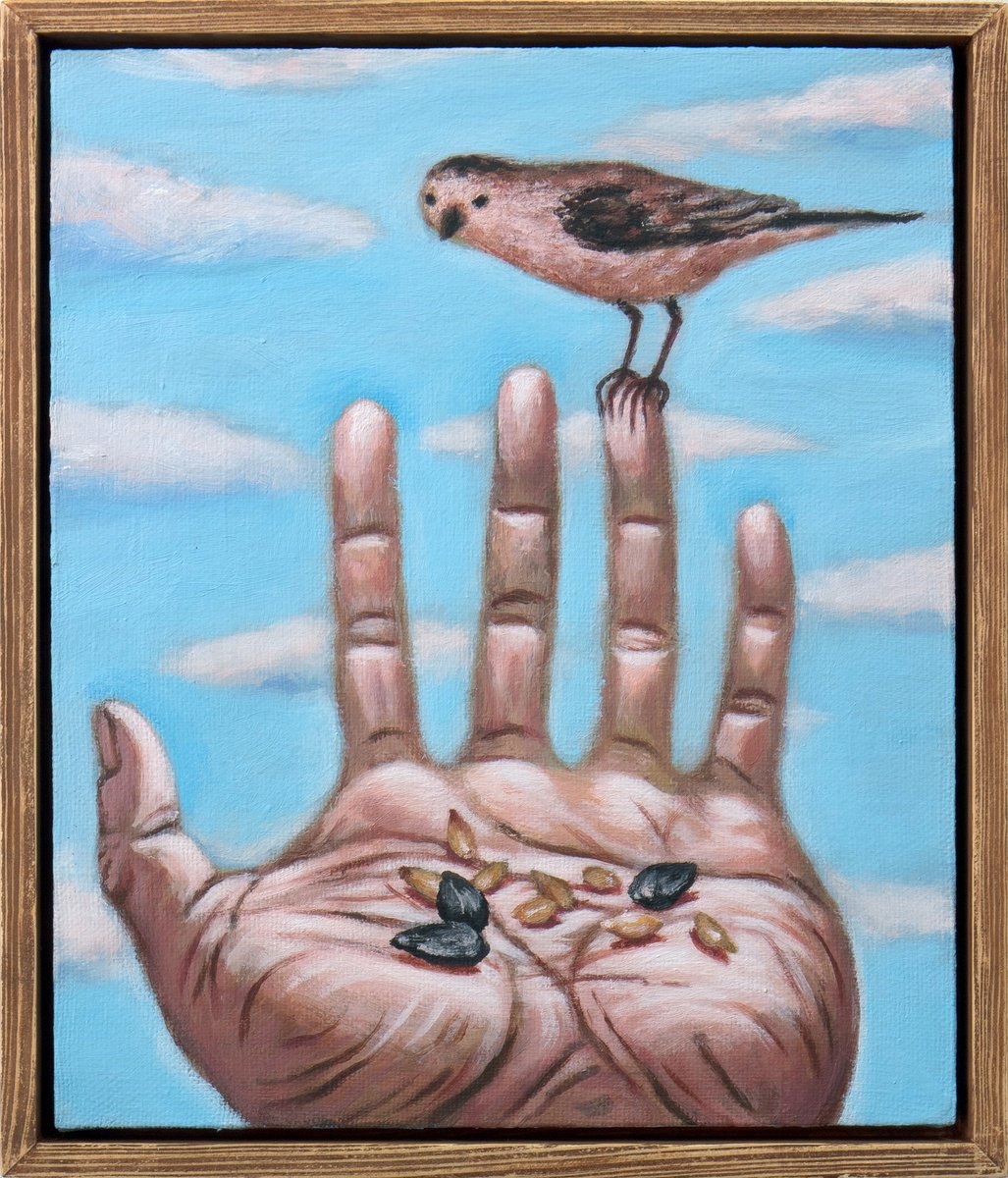 Naive Animal Acrylic Painting By Oleksandr Korol, 11 X 13", Hand With A Bird, Original Artwork