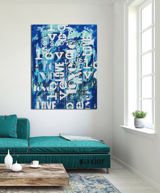 LOVE in blue - love letters - Typographic artwork - 90x115 cm - Ronald Hunter - 13D