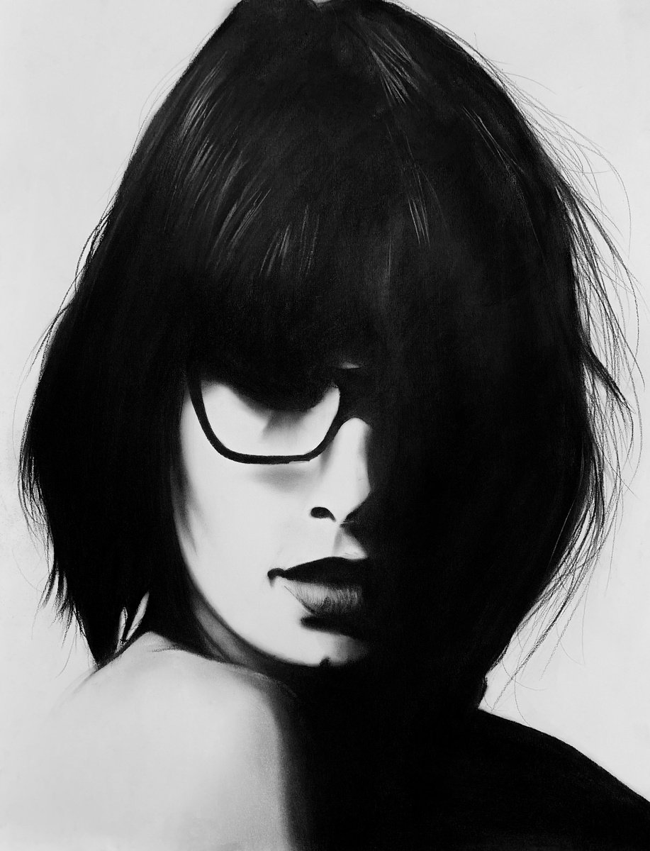 Photorealistic Portrait Charcoal Drawing By Denny Stoekenbroek, 20 X 26, Veiled In Shadows, Original Artwork