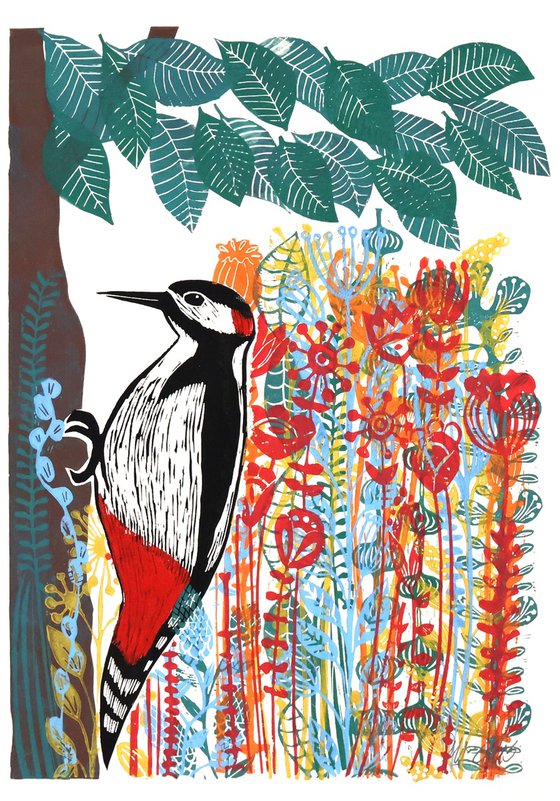 Woodpecker and Flowers