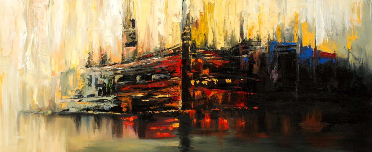 Urban And Pop Cityscapes Acrylic Painting By Madhav Singh, 75 X 33", City At Night, Original Artwork